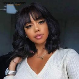 Synthetic Wigs Rebecca Short Bob Wigs With Bangs Brazilian Body Deep Wave Natural Remy Human Hair Wig Full Machine Made Glueless Wigs For Black 230808