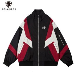 Mens Jackets Vintage Trend Hit Color Patch Small Letter Embroidery Oversized Stand Collar Rib Sleeve Zipper Sports Jacket Coat 230809