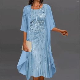 Casual Dresses Sexy Glitter Sequin Two Piece Set Weddings Vestidos Party Chiffon Lace Midi Dress With Coat Robe Outfits Femme Clothes