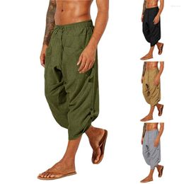 Men's Pants Men Vintage Cotton Linen Elastic Waist Wide Leg Trousers Female Casual Solid Pockets Loose Cropped