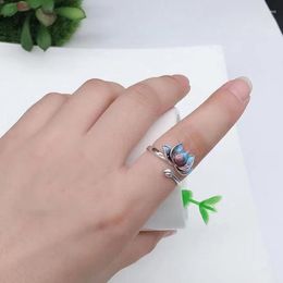 Cluster Rings Blue Lotus Flower For Men Women Boho Retro Gradient Adjustable Opening Finger Ring Buddhism Jewellery