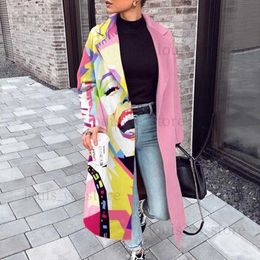 Aesthetic American Boho Print Fake Wool Blends Long Coats Women Plus Size Jackets Trench Notch Collar Elegant Clothes New Winter T230809