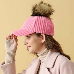 New Women Winter Real fur Pompom Corduroy Baseball Cap Girl Outdoor Adjustable Wool Warm Snapback