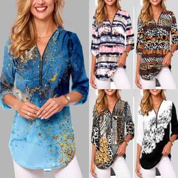 Women's Blouses V Neck Zipper Oversized Shirt Printed Long Sleeves Rollable Loose Workout Women