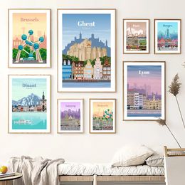 Paris Brussels City France Belgium Travel Landscape Canvas Painting Wall Art Nordic Famous City Posters Print for Living Room Home Decor Picture Wo6