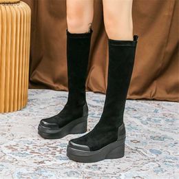 Slope Heel Mid Calf Boots Women's 2022 New Autumn Winter Fashion Shoes High Tube Slim Elastic Height Increasing Thick Soled Boot L230704