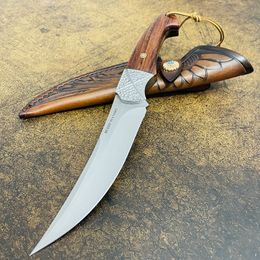 Top Quality S7210 Outdoor Survival Straight Knife M390 Trailing Point Blade Rosewood Handle Fixed Blade Tactical Knives with Leather Sheath