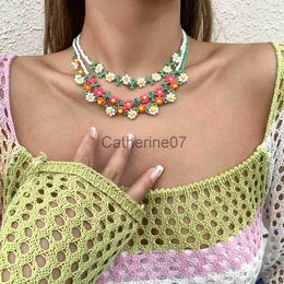 Pendant Necklaces Salircon Trend Bohemia Rainbow Color Seed Beads Chain Choker Necklace For Women Korean Fashion Small Flowers Accessories Jewelry J230809
