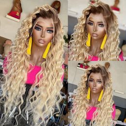 Deep Wave 4T613 Brazilian Human Hair 13X4 Lace Front Wig Preplucked Ombre Honey Blonde Coloured Synthetic Frontal Wigs For Women