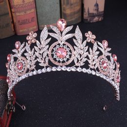 Wedding Hair Jewelry KMVEXO Baroque Leaf Rose Pink Crystal Princess Bridal Crowns For Women Flowers Big Tiaras Wedding Jewelry Hair Accessories 230808