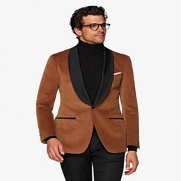 Classic Style One Button Brown Velvet Groom Tuxedos Shawl Lapel Groomsmen Mens Suits Wedding Prom Dinner Blazer Jacket Pants Tie223v