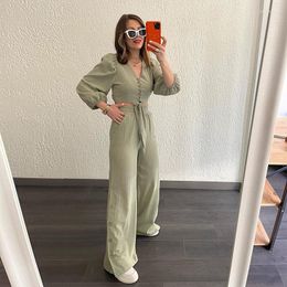 Women's Sleepwear Temperament Two Piece Sets Loungewear Women Loose V-neck Bow Tie Open Waist Strap Top Wide Leg Pants Female Elegant Outfit