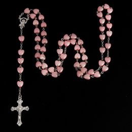 Pendant Necklaces 1pcs White Goldplated Necklace Ladies Faith Cross Pink Peach Heart Handmade Curved Needle Beads Combination Jewelry 230808