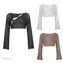 Women's Sweaters Vintage Crochet Knit Tops For Women Hollow Out Thin Sweater Long Sleeves Crew Neck Cover Up See Through Fishnet Top