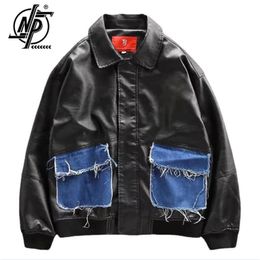 Mens Jackets High Street PU Leather Jacket Vintage Patchwork Motorcycle Denim Unisex Streetwear Letter Print Cool Bomber Outwear 230809