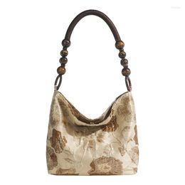 Evening Bags Brown Vintage Embroidered Underarm Bag 2023 Wooden Bead Woven Chain Women's One Shoulder Bucket