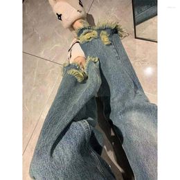 Women's Jeans Summer Tassel Denim Pants High Waist Straight Washed Distressed Y2k Street Vintage Pant Hole Women Ripped Trousers