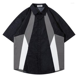 Men's Casual Shirts Patchwork Cotton Oversize Denim Shirt Men Summer Button Up Harajuku Loose Hip Hop Short Sleeve Y2K Streetwear