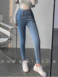 Women's Jeans Korean Women Sexy High Waist Elastic Tight Slim Leggings Double Breasted Pencil Pants Denim Trousers U114