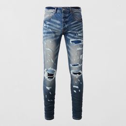 Mens Jeans High Street Fashion Men Retro Washed Blue Elastic Skinny Fit Ripped Patched Designer Hip Hop Brand Pants Hombre 230809