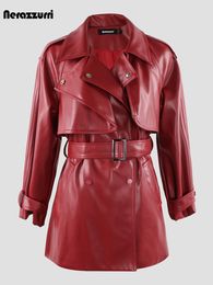 Women's Trench Coats Nerazzurri Spring Autumn Luxury Elegant Chic Soft Wine Red Faux Leather Trench Coat for Women Belt High Quality Clothing 230808