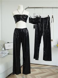 Women's Two Piece Pants 2023 Vintage Ladies Black Sequin Two-piece Outfits Luxurious Sequins Birthday Part Short Sets