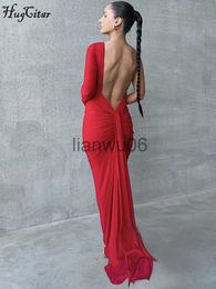 Basic Casual Dresses Hugcitar Women Elegant One Shoulder Long Sleeve Backless Ruched Sexy Maxi Prom Dress 2023 Fall Slim Wedding Party Clothes Y2K J2308009