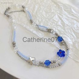 Pendant Necklaces new blue-flowered butterfly crystal beaded titanium steel double layer necklace is a stylish female accessory with an exquisite J230809