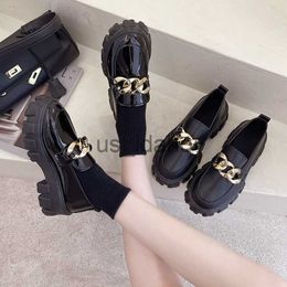 Dress Shoes 2022 Women Spring New Black Platform Flats Shoes Women Loafers Slip on Boat Shoes Metal Chain Designer Casual Leather Oxfords J230808