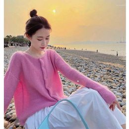 Women's Sweaters Women Autumn Luxury O-Neck Mohair Sweater Coat Ins Lazy Knitted Cardigan Cashmere Elegant Knitwear Spring OL Fuzzy Tops