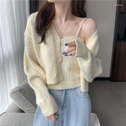 Women's Knits Autumn Wonter Sweet Solid Two Piece Set Single Breasted Long Sleeve Loose Knitted Cardigan With Short Strap Camis