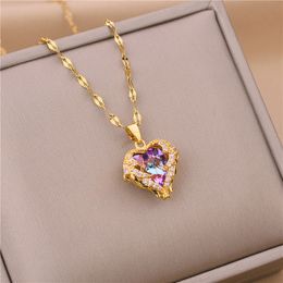 316L Stainless Steel Beautiful Love Heart Amethyst Gold Pendant Shiny Temperament Gift Women Jewellery Wear Everyday