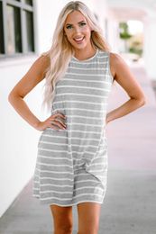 Summer Dress Women Stripe Print O-Neck Sleeveless Mini Dress With Side Pockets