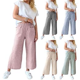 Women's Pants H9ED Womens Elastic High Waisted Striped Print Cotton Linen Pant Casual Loose Fit Lightweight Straight Trousers With Pockets