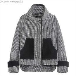 Women's Down Parkas Houndstooth Short Wool Coat Women's 2023 Spring and Autumn Jacket Pocket Coat Loose Winter Black and White Wool Jacket Women's Top Z230809