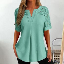 Women's Blouses Women Lace Splicing T-shirt Top Floral Stitching V-neck See-through Short Sleeve Tops For
