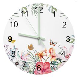 Wall Clocks Pastoral Style Tropical Plants Flowers Butterfly Round Luminous Needles Clock Decor Hanging Ornaments Silent