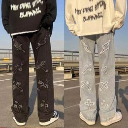 Men's Jeans High Street Americanness Denim Pants Fashion Loose Wide Leg Tide Hip Hop Casual Streetwear Printed Cross Trouser Y2k