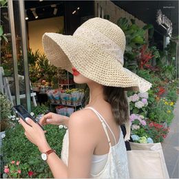 Wide Brim Hats Summer Straw Hat Lace Bow Beach Women Anti-UV Travel Holiday Foldable Sun Elegant Bucket