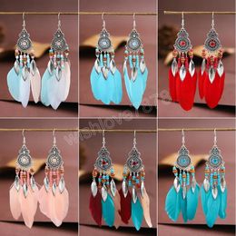 Bohemian Long Drop Oil Feather Earrings for Women Vintage Ethnic Rice Beads Leaf Tassel Hanging Dangle Earrings Jhumka Jewellery