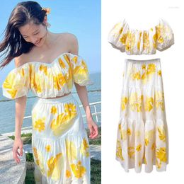 Work Dresses Summer 2023 Zhong Chuxi MC Suit Casual Resort Style Embroidery Off Shoulder Top Long Skirt Two-piece Set