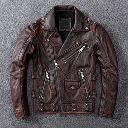 Men's Jackets Vintage Brown Motorcycle Leather Jacket Men Natural Genuine Cowhide Jackets Autumn Slim Fit Biker's Ooblique Zipper Coat 230808
