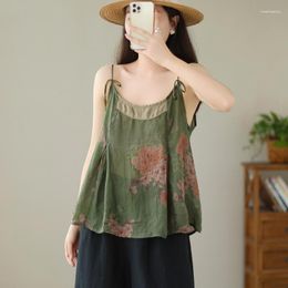 Women's Tanks 2023 Arrival Summer Arts Style Women Loose Casual Cotton Linen Tops Vintage Floral Print Tank Thin Slings Top V473