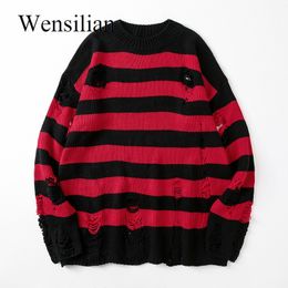 Mens Sweaters Black Stripe Destroyed Ripped Sweater Women Pullover Hole Knit Jumpers Oversized Sweatshirt Harajuku Long Sleeve Tops 230808