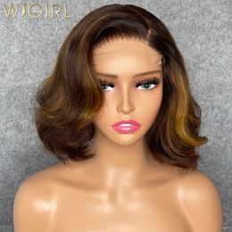 Wigirl Short Bob Wigs Blonde Highlight Shoulder Length Body Wave Lace Front Human Hair Wigs Short Hair 4X4 Lace Closure Wig