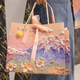 Gift Wrap 1pc Fashion Oil Painting Bags Flower Packaging Handbag Cream Paper Shopping Bag Package Party Decor Storage Supplies