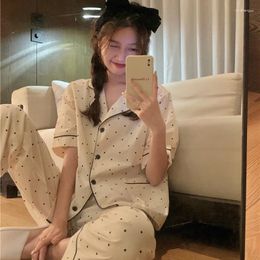 Women's Sleepwear Polka Dot Print Summer Pyjamas Set Women Single Breasted Shirts Trousers Casual Soft Pocket Vintage Home Suit Sweet