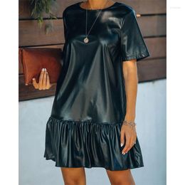Casual Dresses Spring Style Commuter Ruffled Loose And Slim Patent Leather Short-sleeved Dress