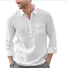 Men's T Shirts 2023 Men T-shirt Casual Blouse Solid Cotton Linen Shirt Man Pocket Summer Tops Long Sleeve Tshirt Vintage Streerwear