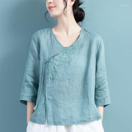 Women's Blouses Chinese Style Thin Cotton And Linen Embroidery Blouse For Women 2023 Summer Female Short Sleeve Loose Casual Improved Hanfu